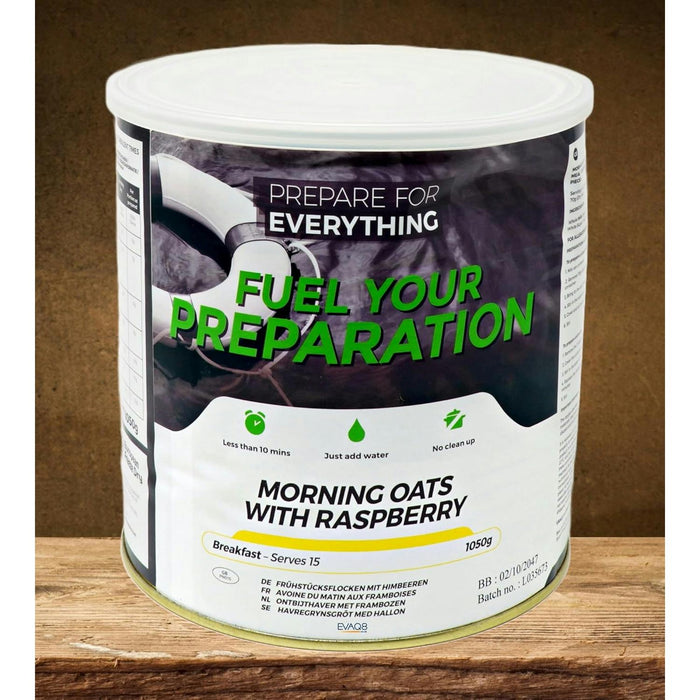 fuel your preparation tin morning oats with raspberry 1050g 15 portions 25 year shelf life