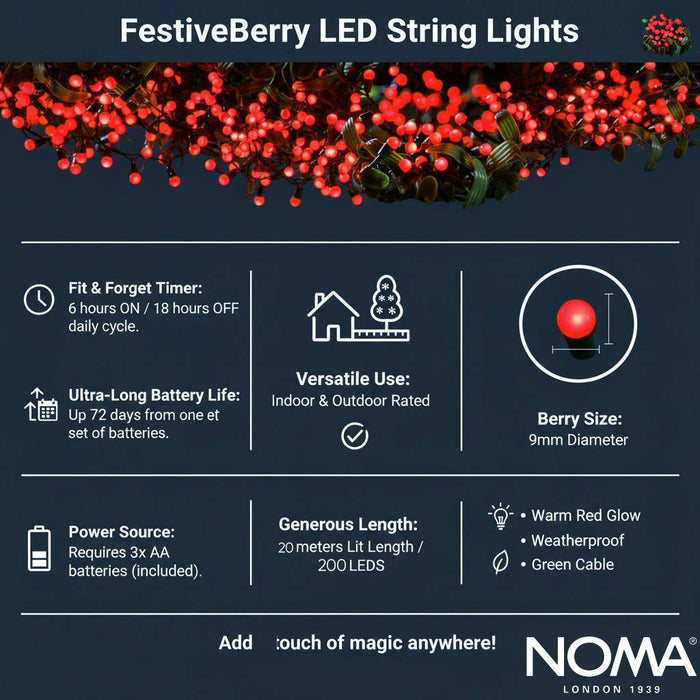 noma berry lights batterytimer 200 led red