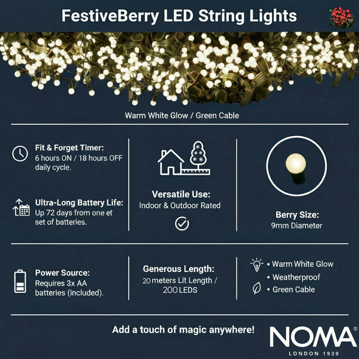 noma berry lights batterytimer 200 led warm white