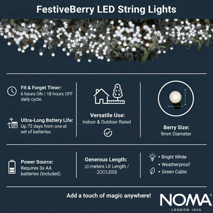 noma berry lights batterytimer 200 led bright white