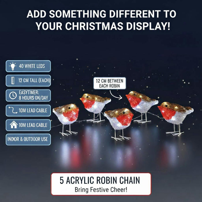 noma acrylic robins light string flock of 5 plug in 13cm 40 led