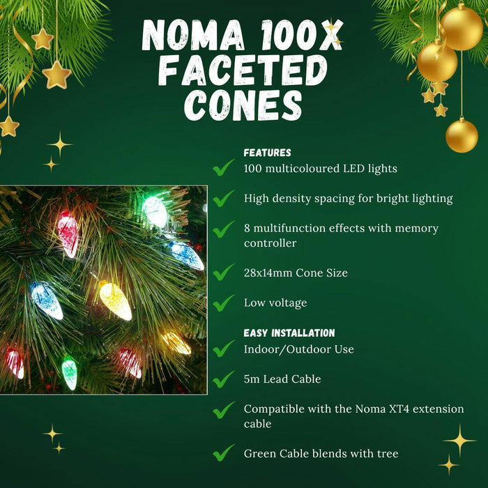 noma 100 faceted cone led christmas tree lights on green wire plug in multicoloured