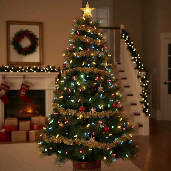 noma 100 faceted cone led christmas tree lights on green wire plug in multicoloured