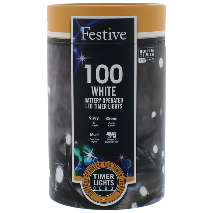 100 LED String Lights : Battery/Timer : Bright White Festive Productions