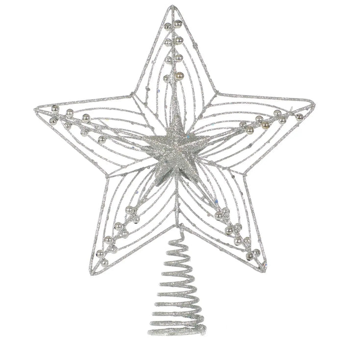 Christmas Tree Topper : 25cm : Silver Glitter Star Festive Productions