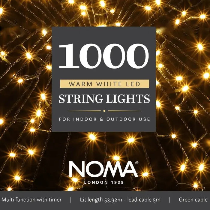 noma 1000 led christmas tree lights green cable plugin with timer warm white