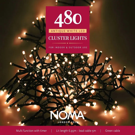 noma 480 led cluster lights multifunction plugin with timer antique white