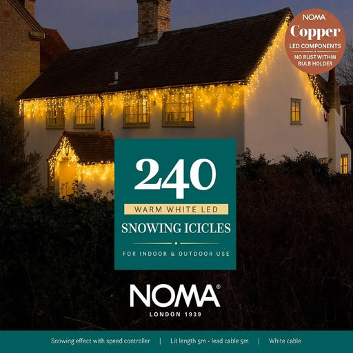 noma snowing icicles easytimer plug in white cable 240x warm white leds 5m