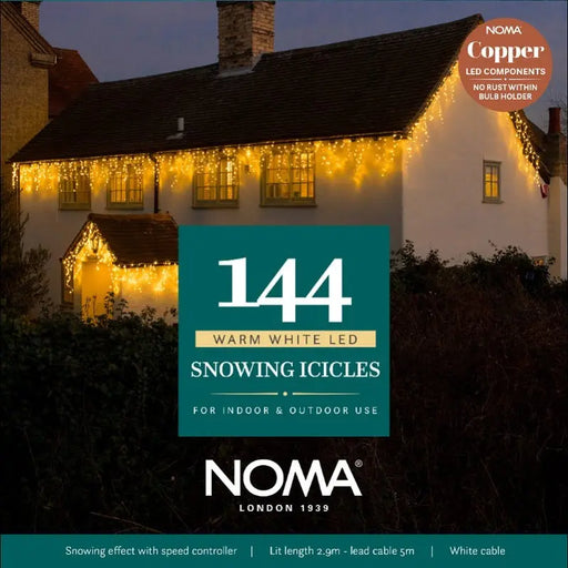 Grade B Warehouse Second - Noma Snowing Icicles : Easytimer : Plug In : White Cable : 144x Warm White LEDs : 3m Noma