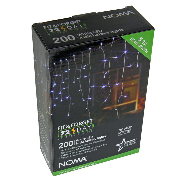 Grade C Warehouse Second - Noma Fit & Forget 200 LED Icicle Lights : Battery/Timer : Bright White Noma