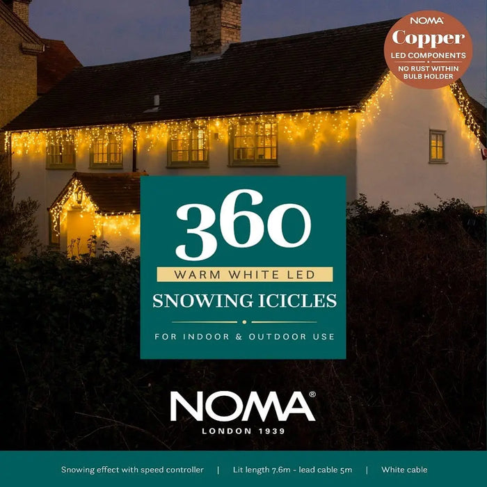 Noma Snowing Icicles : Easytimer : Plug In : White Cable : 360x Warm White LEDs : 7.6m Noma
