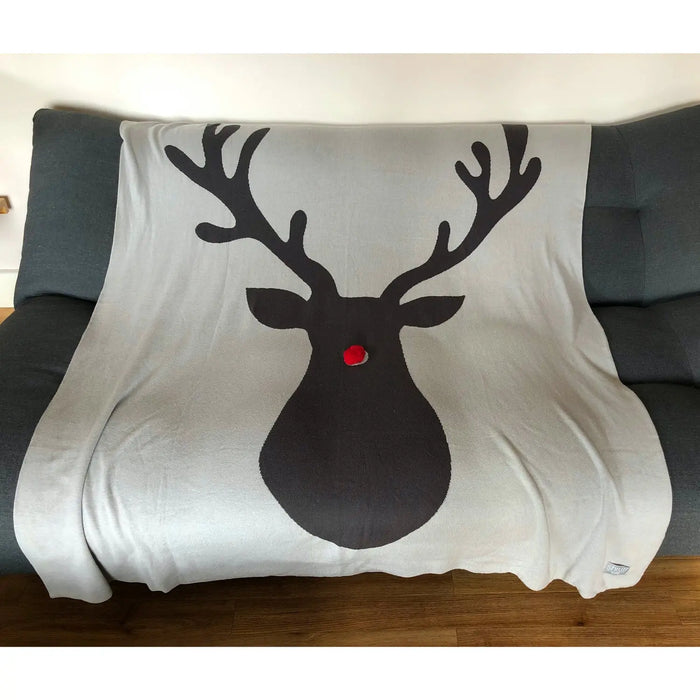 Rudolph Reindeer Knitted Blanket : Grey : 150 x 125 cm Shruti Designs