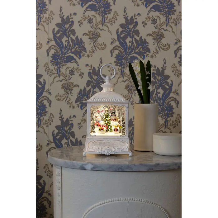 Water Filled LED Lantern : White with Snowmen : Battery/Timer : 25cm Konstsmide